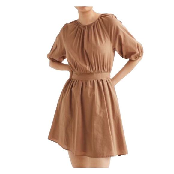 H&M Cotton Puff Sleeve Tie Waist Dress Plus Size XXL Tan Boho Travel - Picture 1 of 11